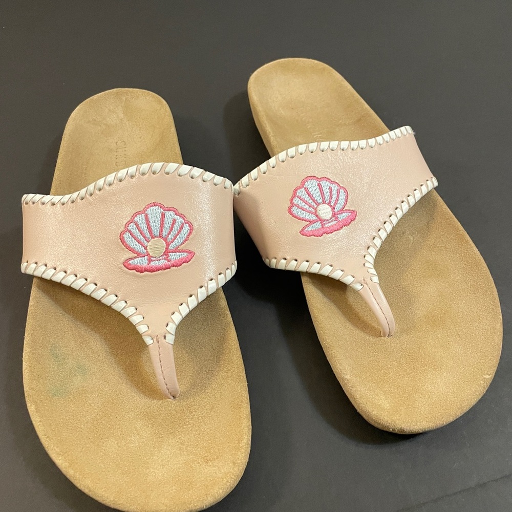 Jack Rogers Pink and Tan Shell Embroidered Sandals - Size 9.5